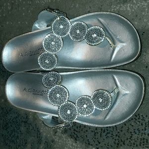 A. Giannetti Silver Thong Sandals w appx 2in Heel